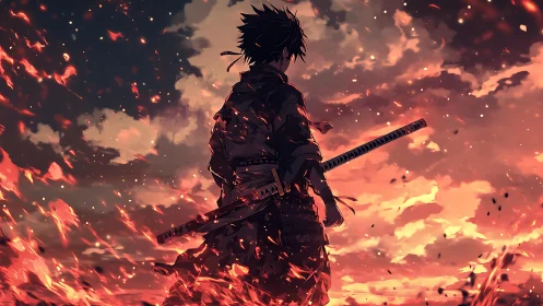 Lone samurai watches burning horizon under ember sky.
