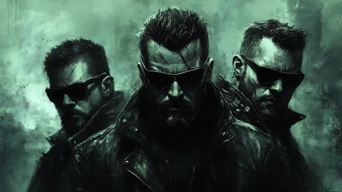 Triple cyber renegades in leather under toxic green haze.