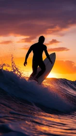 Sunset surfer rides glowing waves in warm ocean light