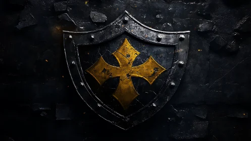 Weathered iron shield bears a golden cross in dark stone