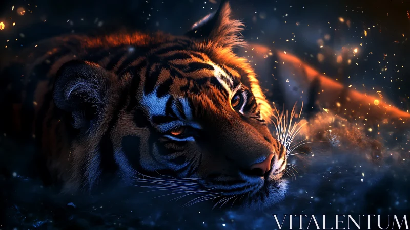 Tiger gaze burns through embers and midnight shadow.