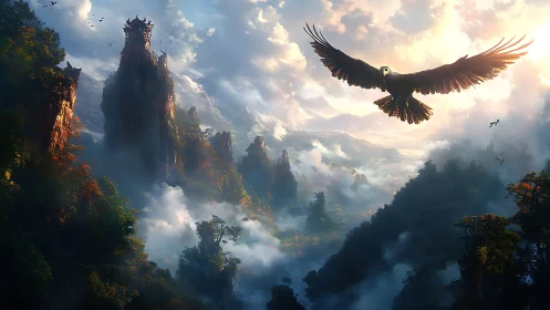 Majestic eagle crosses misty fantasy peaks in golden backlight