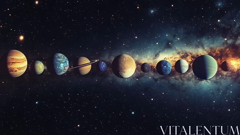 Planet parade drifting through a star-sprinkled galaxy.