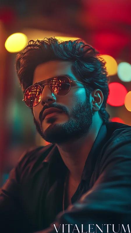 Moody urban portrait glows with neon reflections at night