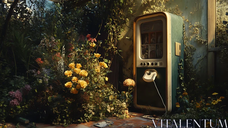 Retro vending machine overgrown by dense flowering vegetation in ruin