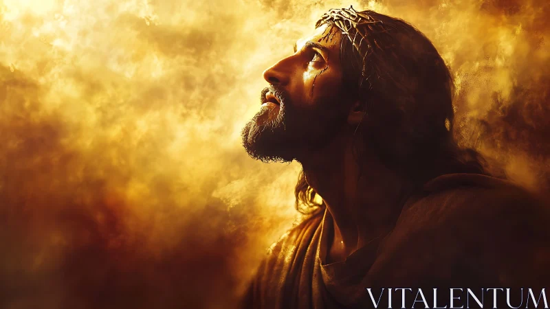 Digital painting of suffering figure in radiant golden haze.