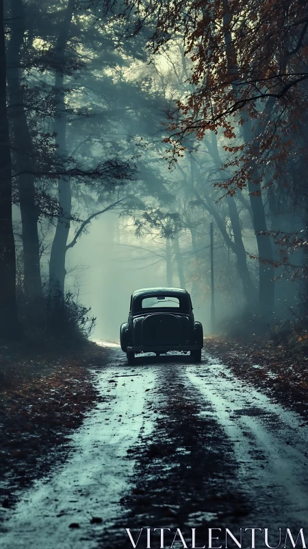 Vintage sedan on misty forest track with diffused dawn light