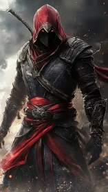 Hooded armored figure with sword in smoky battlefield setting.