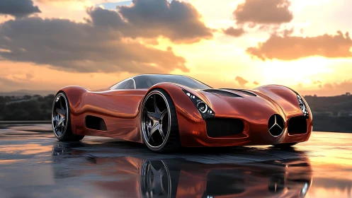Low-slung Mercedes concept hypercar on wet reflective surface at dusk