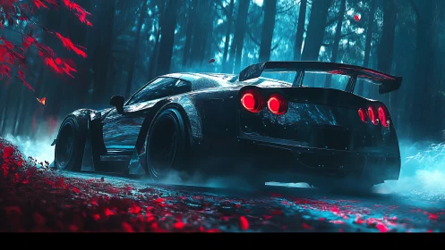Black sports car powers through neon forest mist at night