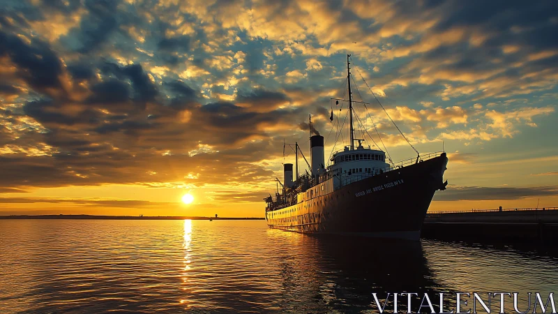 Steel passenger vessel at golden-hour maritime mooring site.