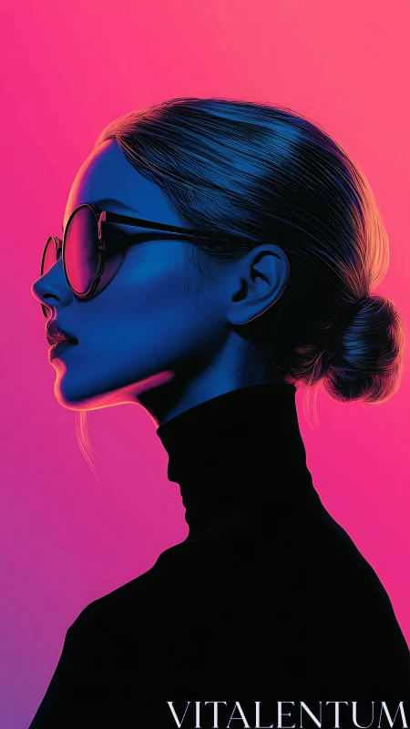Profile view of woman in glasses under neon gradient light.