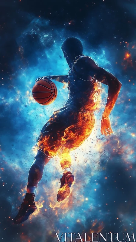 Silhouetted basketball player in midair with flame effects.