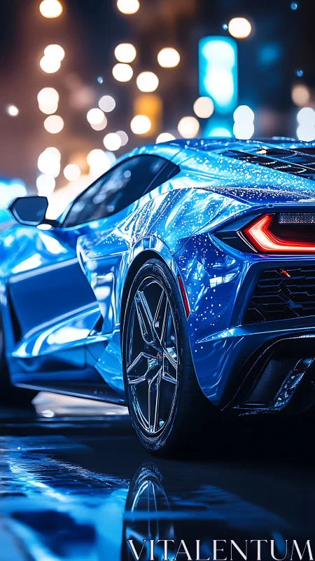 Neon-soaked supercar glides through liquid city reflections