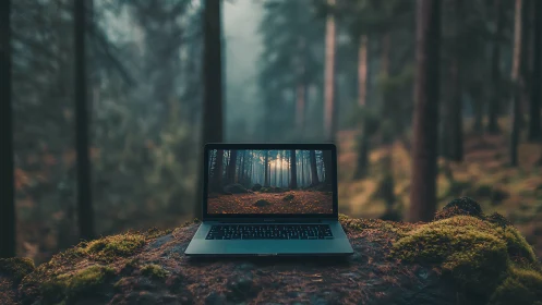 Laptop rests on forest log displaying aligned woodland scene