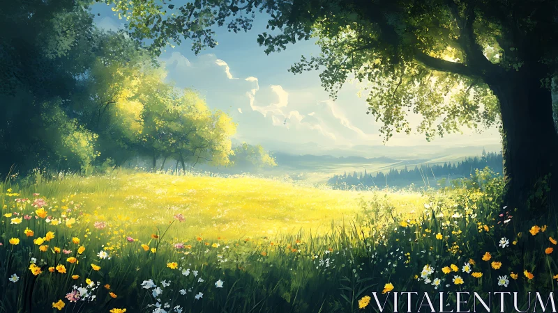 Sunlit meadow opens beneath sheltering forest canopy