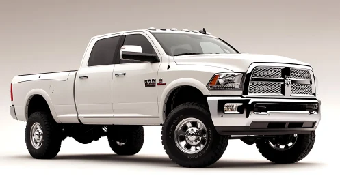 White lifted pickup truck stands in clean studio light.