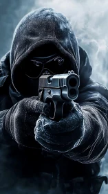 Hooded gunman aims forward through icy smoke and shadow