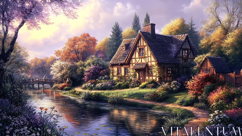 Cozy storybook cottage beside a sunlit, flower-lined river.
