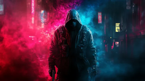 Hooded cyberpunk figure strides through neon smoke-filled alley