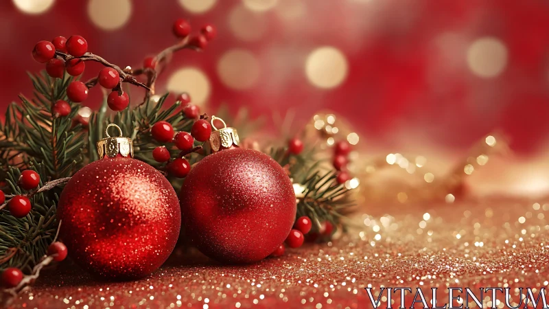 Cozy red Christmas ornaments sparkling in soft holiday light.
