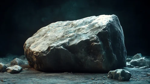 Large rough boulder on dusty ground under cool light.