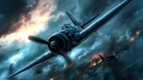 Storm-forged warplanes carve firelit paths through night skies.