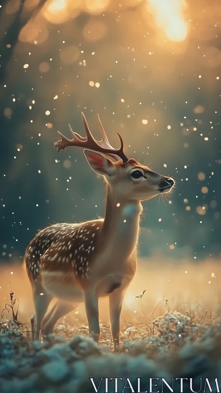 Young spotted deer stands under golden forest snowfall