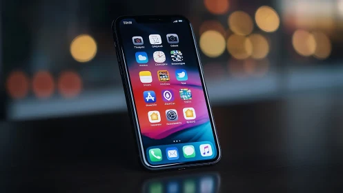 Modern iPhone Displaying Colorful App Interface with Bokeh Backdrop