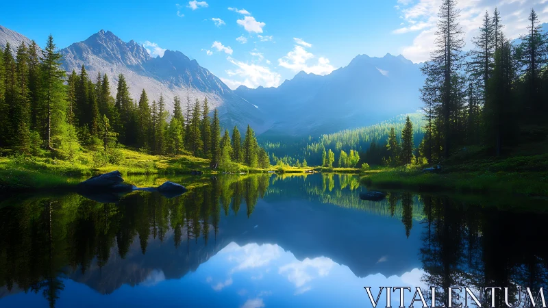 Symmetric alpine lake reflection with high-contrast conifer forest