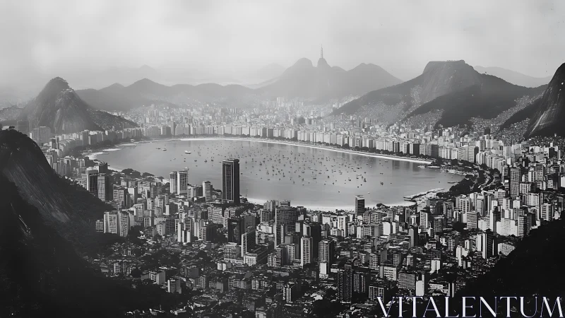 Curving city bay cradled by misty mountains and quiet sea.