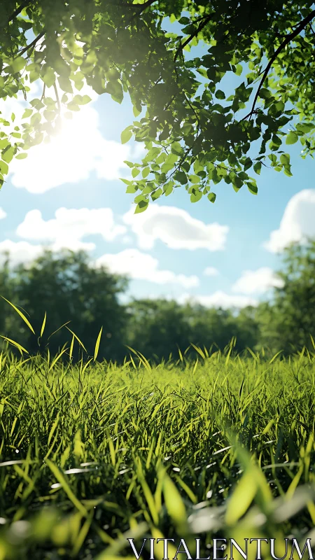 Sunlit meadow invites quiet moments beneath soft green leaves
