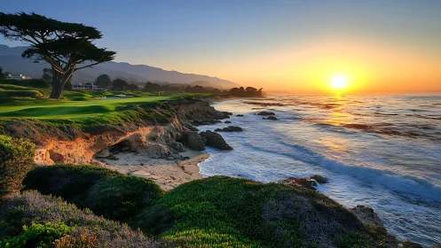 Sunlit coastal golf cliffs under glowing ocean horizon.