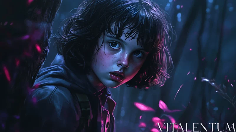 Curious child explores a glowing enchanted forest at night