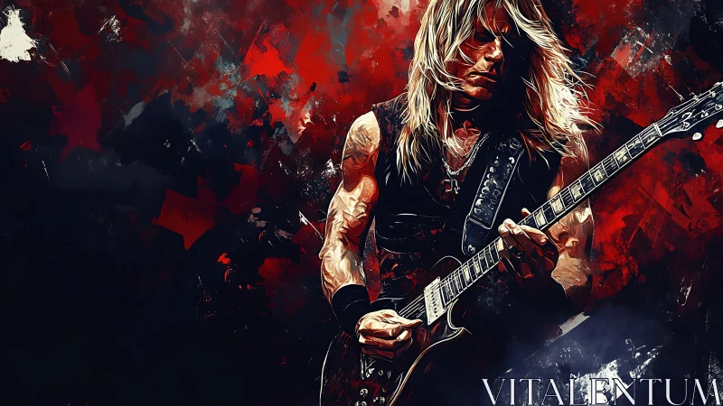 Electric guitarist in intense red and black abstract stage