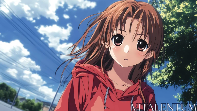 Anime girl in red hoodie walks under bright summer sky