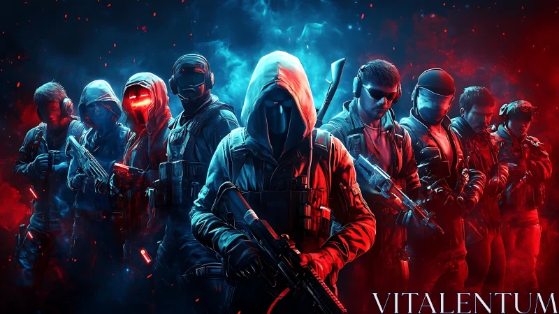 Hooded tactical squad stands in neon red and blue haze.
