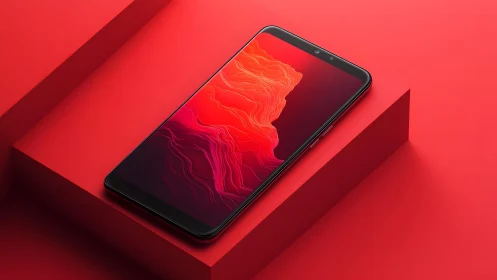 Sleek black smartphone on red geometric platform, modern minimal style.