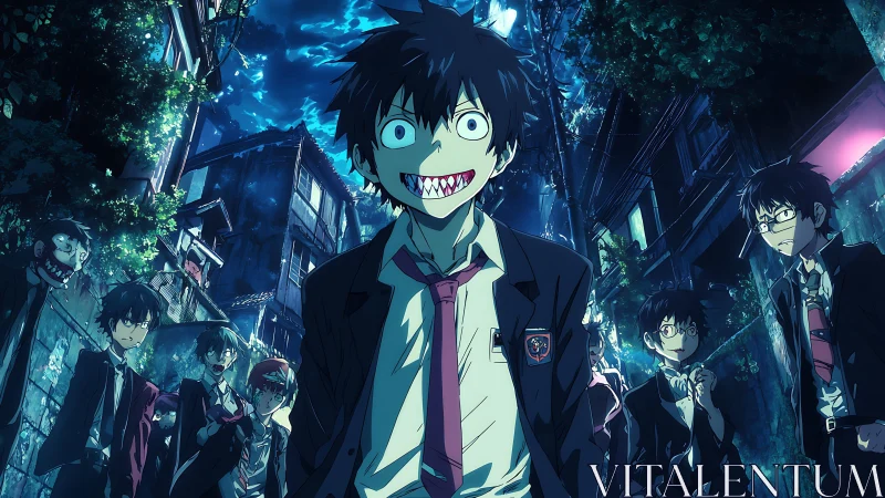 Distorted schoolboy group occupies neon alley under dynamic blue sky