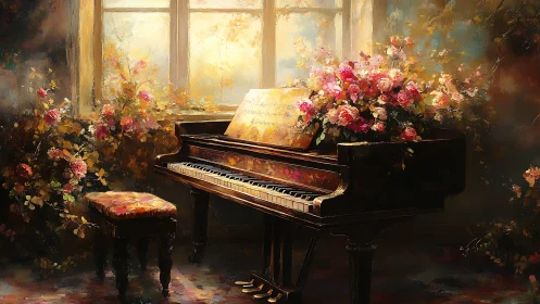 Grand piano glows under floral sunrise window light.