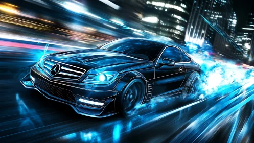 Midnight city sprint with a neon-lit racing coupe.