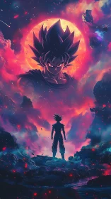 Cosmic warrior beneath blazing nebula skies of destiny.