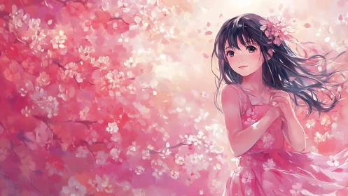 Girl stands among stylized pink blossoms in soft lighting