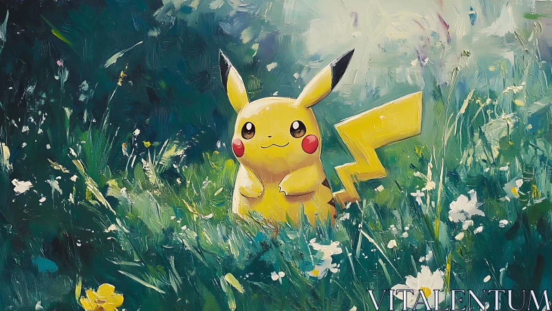 Pikachu in expressive impasto meadow with luminous greens.