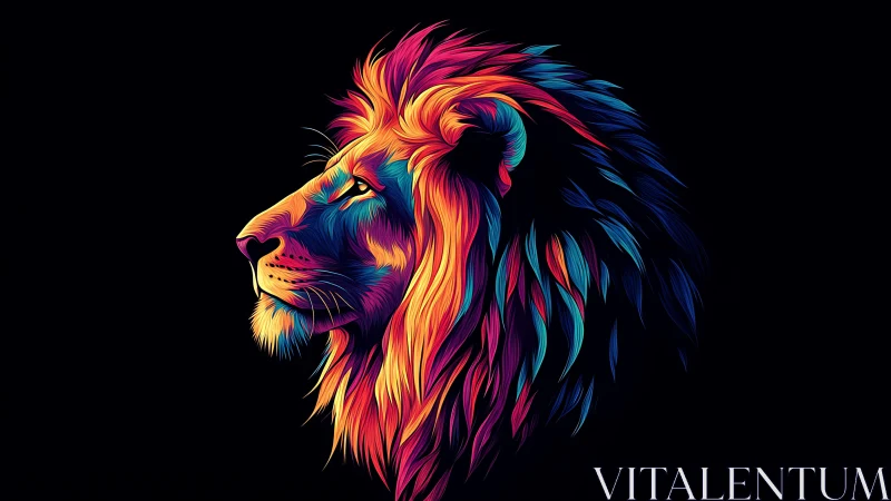 Vibrant neon lion profile with multicolor flowing mane.