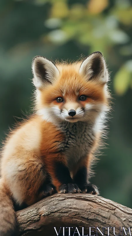 Juvenile red fox portrait perched on textured woodland branch