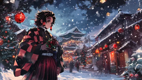 Anime swordsman walks through festive snowy village lights