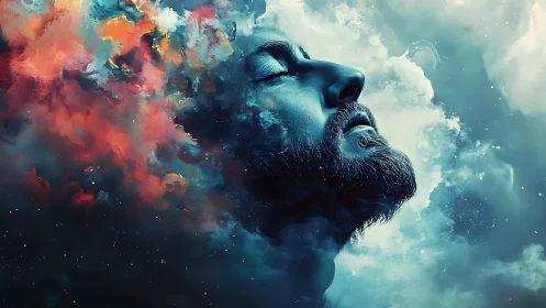 Dreamer dissolving into cosmic nebula clouds at night.