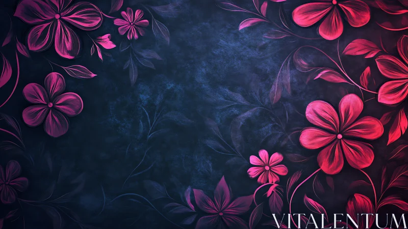 Neon Floral Garden Against Dark Blue Textured Canvas