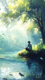 Solitary fisherman on riverbank under bright forest canopy